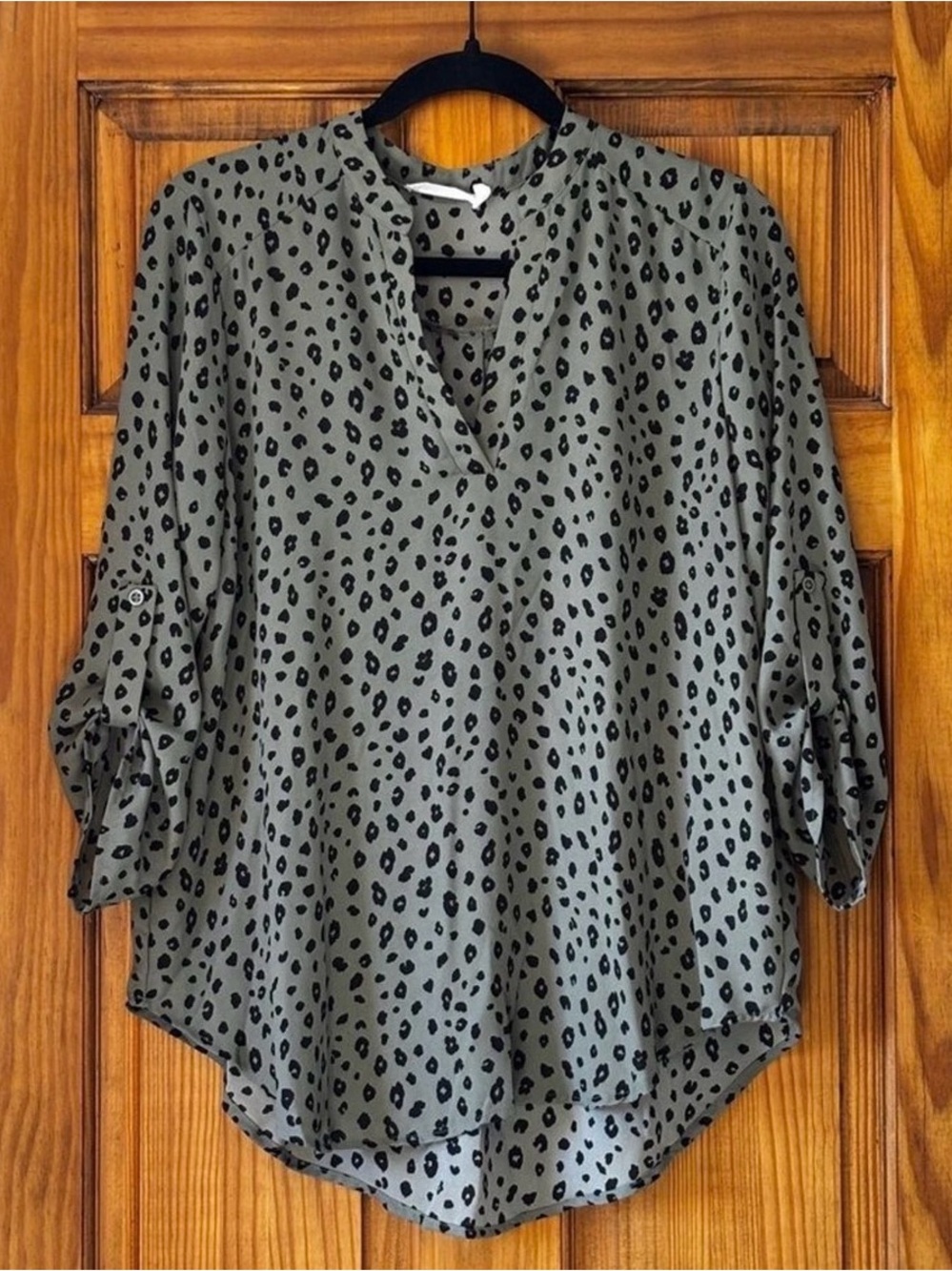 LUSH Olive Green Leopard Print V-Neck Women's Blouse - 1X